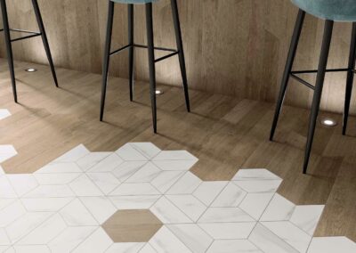 60 Trapezium Calacatta Wood Mid with Chevron Wood Mid WOW Tiles By Tile & Wood Flooring
